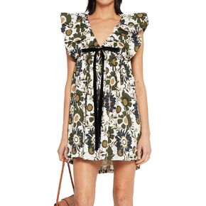hibshaby Women's Floral Print Mini Dress V Neck Puff Sleeve Dress Short Babydoll Bow Dress