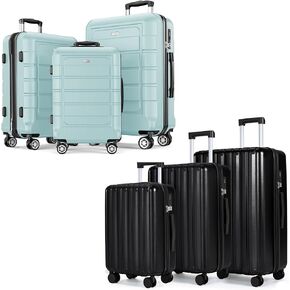 SHOWKOO Luggage Sets 100% PC & PC+ABS Expandable Suitcase Sets Double Spinner Wheels TSA Lock 3pcs+3pcs Mint Green & Black
