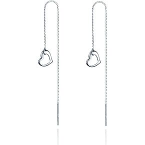 Reffeer Solid 925 Sterling Silver Love Heart Chain Dangle Earrings Drops for Women Teens Heart Tassel Dangle Earrings Threader