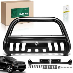 YHTAUTO 2.5" Bull Bar Push Bar with Skid Plate Light Mount Fit Dodge & Jeep Models, Grand Cherokee 11-21, Grand Cherokee WK 22, Durango 11-13, Alloy Steel Brush Guard for Truck Front Bumper