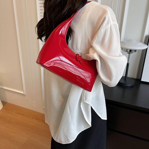 Women Red Retro Underarm Shoulder Bag Y2k Patent Leather Hobo Bag Purse in Saudi Arabia