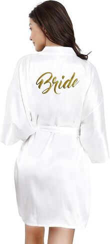 EPLAZA Bride Bridesmaid Robes for Wedding Bridal Party Women Short Solid Color Silky Satin Robe Kimono with Gold Glitters in Kuwait