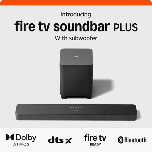 Introducing Amazon Fire TV Soundbar Plus, 3.1 channel, all-in-one design, Dolby Atmos, DTS:X, clear dialogue, 2024 release in Saudi Arabia