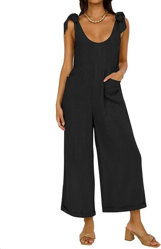ZESICA Women's Summer Loose Sleeveless Jumpsuits Linen Adjustable Straps Oversized Wide Leg Long Overall Rompers with Pockets in Kuwait