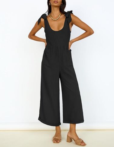 ZESICA Women's Summer Loose Sleeveless Jumpsuits Linen Adjustable Straps Oversized Wide Leg Long Overall Rompers with Pockets in Kuwait