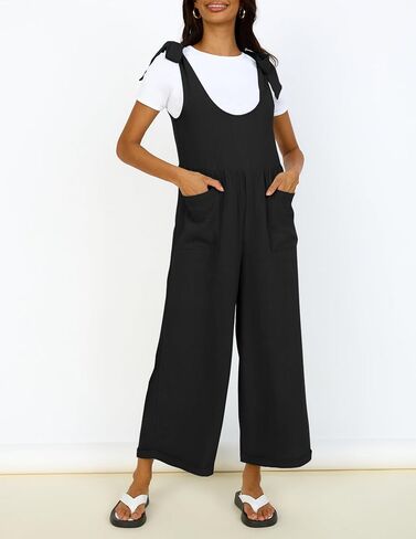 ZESICA Women's Summer Loose Sleeveless Jumpsuits Linen Adjustable Straps Oversized Wide Leg Long Overall Rompers with Pockets in Kuwait