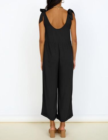 ZESICA Women's Summer Loose Sleeveless Jumpsuits Linen Adjustable Straps Oversized Wide Leg Long Overall Rompers with Pockets in Kuwait