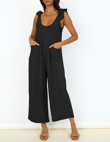 ZESICA Women's Summer Loose Sleeveless Jumpsuits Linen Adjustable Straps Oversized Wide Leg Long Overall Rompers with Pockets in Kuwait