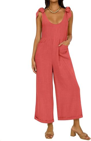 ZESICA Women's Summer Loose Sleeveless Jumpsuits Linen Adjustable Straps Oversized Wide Leg Long Overall Rompers with Pockets in Kuwait