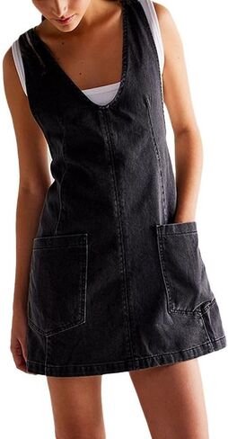 yoeasy Women's V Neck Sleeveless Denim Overall Dress Adjustable Strap Summer Mini Pinafore Jean Dress with Pockets in Kuwait