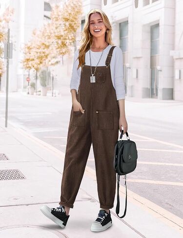 YESNO Women's Corduroy Casual Bib Overalls Loose Tapered Jumpsuits Adjustable Straps Rompers Fall Outfit with Pockets PC9 in Saudi Arabia