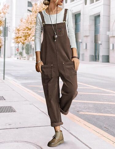 YESNO Women's Corduroy Casual Bib Overalls Loose Tapered Jumpsuits Adjustable Straps Rompers Fall Outfit with Pockets PC9 in Saudi Arabia