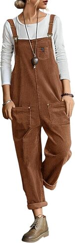 YESNO Women's Corduroy Casual Bib Overalls Loose Tapered Jumpsuits Adjustable Straps Rompers Fall Outfit with Pockets PC9 in Kuwait