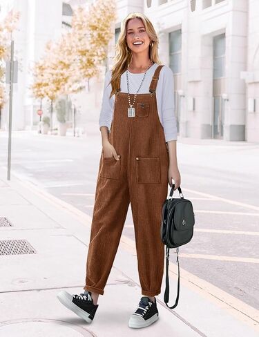 YESNO Women's Corduroy Casual Bib Overalls Loose Tapered Jumpsuits Adjustable Straps Rompers Fall Outfit with Pockets PC9 in Kuwait