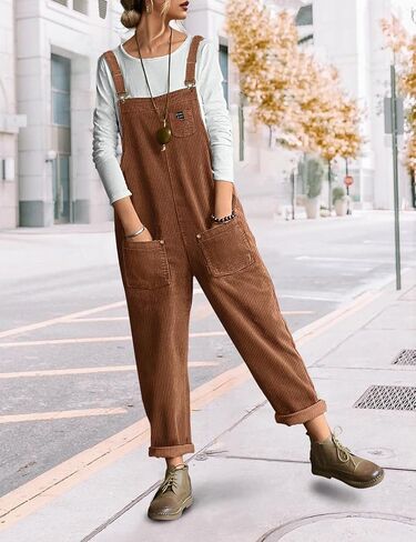 YESNO Women's Corduroy Casual Bib Overalls Loose Tapered Jumpsuits Adjustable Straps Rompers Fall Outfit with Pockets PC9 in Kuwait