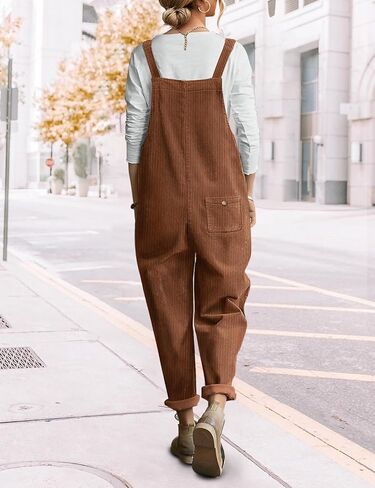 YESNO Women's Corduroy Casual Bib Overalls Loose Tapered Jumpsuits Adjustable Straps Rompers Fall Outfit with Pockets PC9 in Kuwait