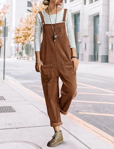 YESNO Women's Corduroy Casual Bib Overalls Loose Tapered Jumpsuits Adjustable Straps Rompers Fall Outfit with Pockets PC9 in Kuwait