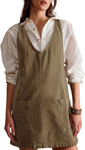 yoeasy Women's V Neck Sleeveless Denim Overall Dress Adjustable Strap Summer Mini Pinafore Jean Dress with Pockets in Kuwait