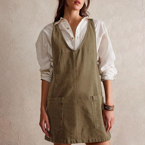 yoeasy Women's V Neck Sleeveless Denim Overall Dress Adjustable Strap Summer Mini Pinafore Jean Dress with Pockets in Kuwait
