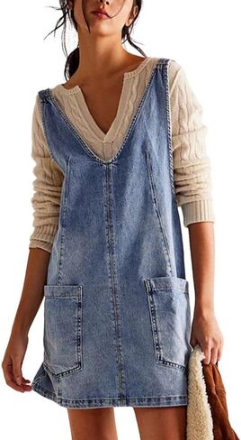 yoeasy Women's V Neck Sleeveless Denim Overall Dress Adjustable Strap Summer Mini Pinafore Jean Dress with Pockets in Kuwait
