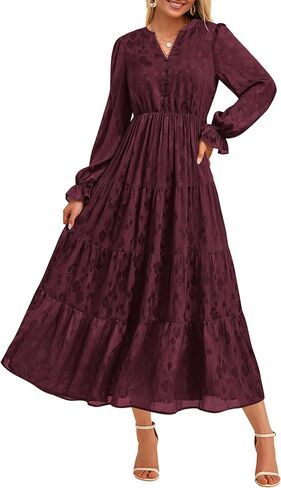 KIRUNDO Womens Fall Long Sleeve Maxi Dress Floral Elegant V Neck A Line Tiered Flowy Wedding Guest Cocktail Party Dress in Kuwait