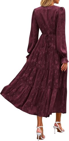 KIRUNDO Womens Fall Long Sleeve Maxi Dress Floral Elegant V Neck A Line Tiered Flowy Wedding Guest Cocktail Party Dress in Kuwait