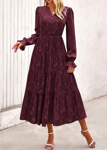 KIRUNDO Womens Fall Long Sleeve Maxi Dress Floral Elegant V Neck A Line Tiered Flowy Wedding Guest Cocktail Party Dress in Kuwait