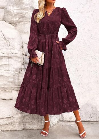 KIRUNDO Womens Fall Long Sleeve Maxi Dress Floral Elegant V Neck A Line Tiered Flowy Wedding Guest Cocktail Party Dress in Kuwait