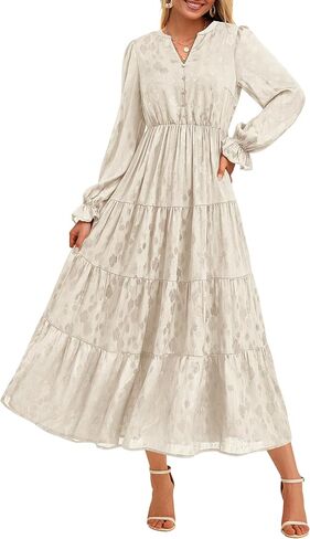KIRUNDO Womens Fall Long Sleeve Maxi Dress Floral Elegant V Neck A Line Tiered Flowy Wedding Guest Cocktail Party Dress in Kuwait