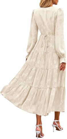 KIRUNDO Womens Fall Long Sleeve Maxi Dress Floral Elegant V Neck A Line Tiered Flowy Wedding Guest Cocktail Party Dress in Kuwait