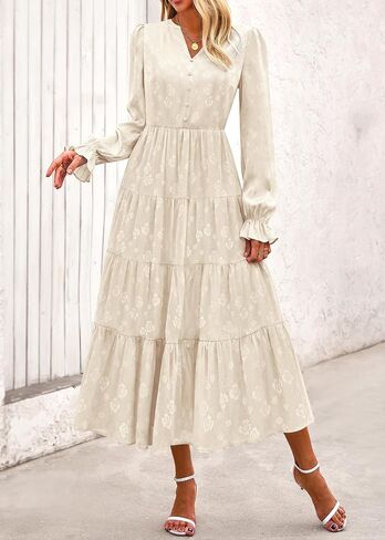 KIRUNDO Womens Fall Long Sleeve Maxi Dress Floral Elegant V Neck A Line Tiered Flowy Wedding Guest Cocktail Party Dress in Kuwait