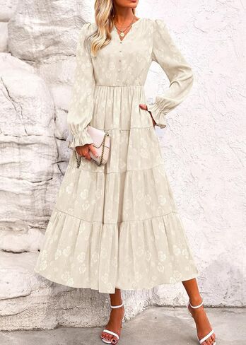 KIRUNDO Womens Fall Long Sleeve Maxi Dress Floral Elegant V Neck A Line Tiered Flowy Wedding Guest Cocktail Party Dress in Kuwait