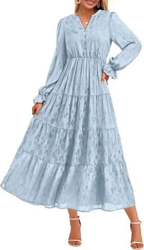 KIRUNDO Womens Fall Long Sleeve Maxi Dress Floral Elegant V Neck A Line Tiered Flowy Wedding Guest Cocktail Party Dress in Kuwait
