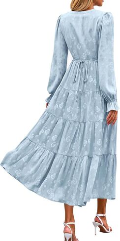 KIRUNDO Womens Fall Long Sleeve Maxi Dress Floral Elegant V Neck A Line Tiered Flowy Wedding Guest Cocktail Party Dress in Kuwait