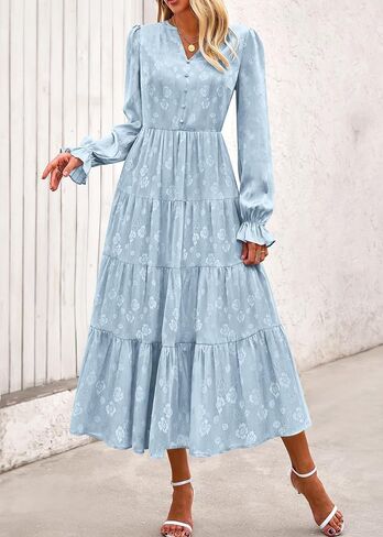 KIRUNDO Womens Fall Long Sleeve Maxi Dress Floral Elegant V Neck A Line Tiered Flowy Wedding Guest Cocktail Party Dress in Kuwait