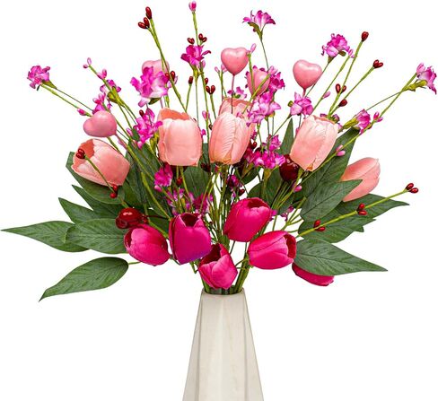 هدايا عيد الحب 6 عبوات من الزهور الاصطناعية في عيد الحب مع زهور التوليب الوردية فورسيثيا الخضراء لعشاء على ضوء الشموع في ذكرى عيد الحب in Kuwait