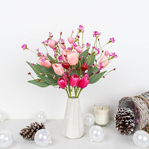 هدايا عيد الحب 6 عبوات من الزهور الاصطناعية في عيد الحب مع زهور التوليب الوردية فورسيثيا الخضراء لعشاء على ضوء الشموع في ذكرى عيد الحب in Kuwait