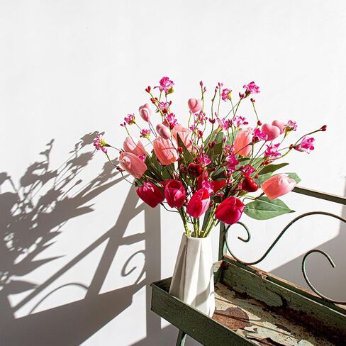 هدايا عيد الحب 6 عبوات من الزهور الاصطناعية في عيد الحب مع زهور التوليب الوردية فورسيثيا الخضراء لعشاء على ضوء الشموع في ذكرى عيد الحب in Kuwait