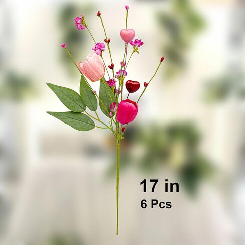 هدايا عيد الحب 6 عبوات من الزهور الاصطناعية في عيد الحب مع زهور التوليب الوردية فورسيثيا الخضراء لعشاء على ضوء الشموع في ذكرى عيد الحب in Kuwait