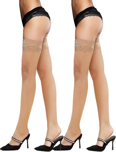 LUCKELF Fishnet Thigh High Stockings with Silicone Women's Lace Top Elastic Stay Up Pantyhose in Kuwait