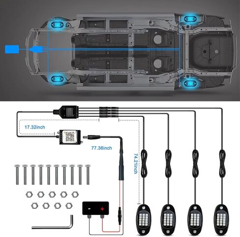 طقم 4 Pods RGB LED Rock Lights مع التحكم في التطبيق، متعدد الألوان بزاوية 175 درجة أضواء السيارة تحت التوهج للشاحنات، وضع الموسيقى المقاوم للماء، أضواء النيون السفلية للملحقات الخارجية للسيارات in Saudi Arabia