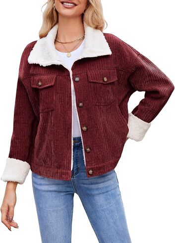 ZAFUL 2024 Womens Sherpa Fleece Jacket Button Down Corduroy Shacket Casual Winter Warm Coat With Pockets in Saudi Arabia