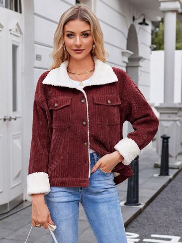 ZAFUL 2024 Womens Sherpa Fleece Jacket Button Down Corduroy Shacket Casual Winter Warm Coat With Pockets in Saudi Arabia