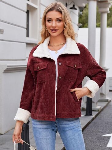 ZAFUL 2024 Womens Sherpa Fleece Jacket Button Down Corduroy Shacket Casual Winter Warm Coat With Pockets in Saudi Arabia