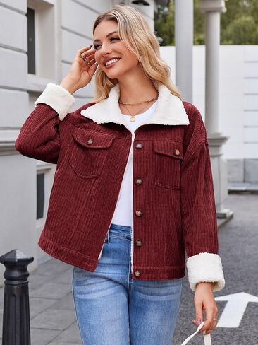 ZAFUL 2024 Womens Sherpa Fleece Jacket Button Down Corduroy Shacket Casual Winter Warm Coat With Pockets in Saudi Arabia