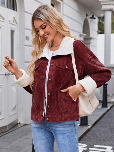 ZAFUL 2024 Womens Sherpa Fleece Jacket Button Down Corduroy Shacket Casual Winter Warm Coat With Pockets in Saudi Arabia