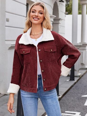 ZAFUL 2024 Womens Sherpa Fleece Jacket Button Down Corduroy Shacket Casual Winter Warm Coat With Pockets in Saudi Arabia