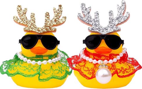 Christmas 2pcs Duck Car Ornament, Rubber Duck Car Dashboard Decor with Antlers Necklace Sunglasses Dress Decoration in Kuwait