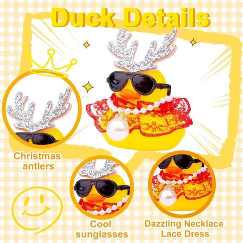 Christmas 2pcs Duck Car Ornament, Rubber Duck Car Dashboard Decor with Antlers Necklace Sunglasses Dress Decoration in Kuwait