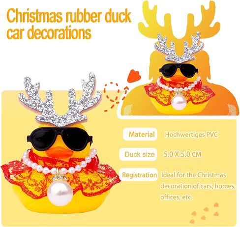 Christmas 2pcs Duck Car Ornament, Rubber Duck Car Dashboard Decor with Antlers Necklace Sunglasses Dress Decoration in Kuwait
